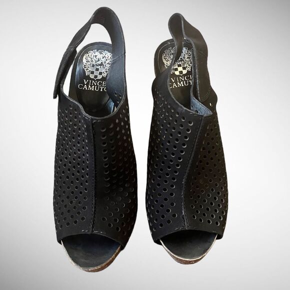 New Without Tags Vince Camuto Patrizia Black Suede Open Toe Heels Size 8M - Picture 1 of 6